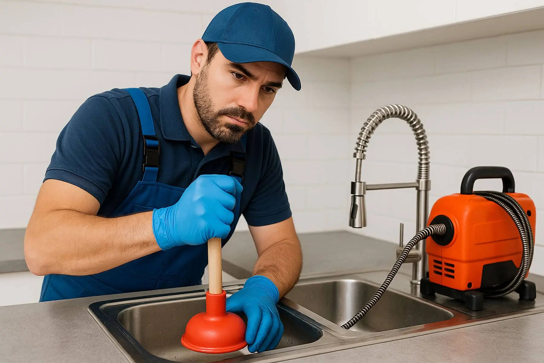 Plombier professionnel effectuant un débouchage de canalisation